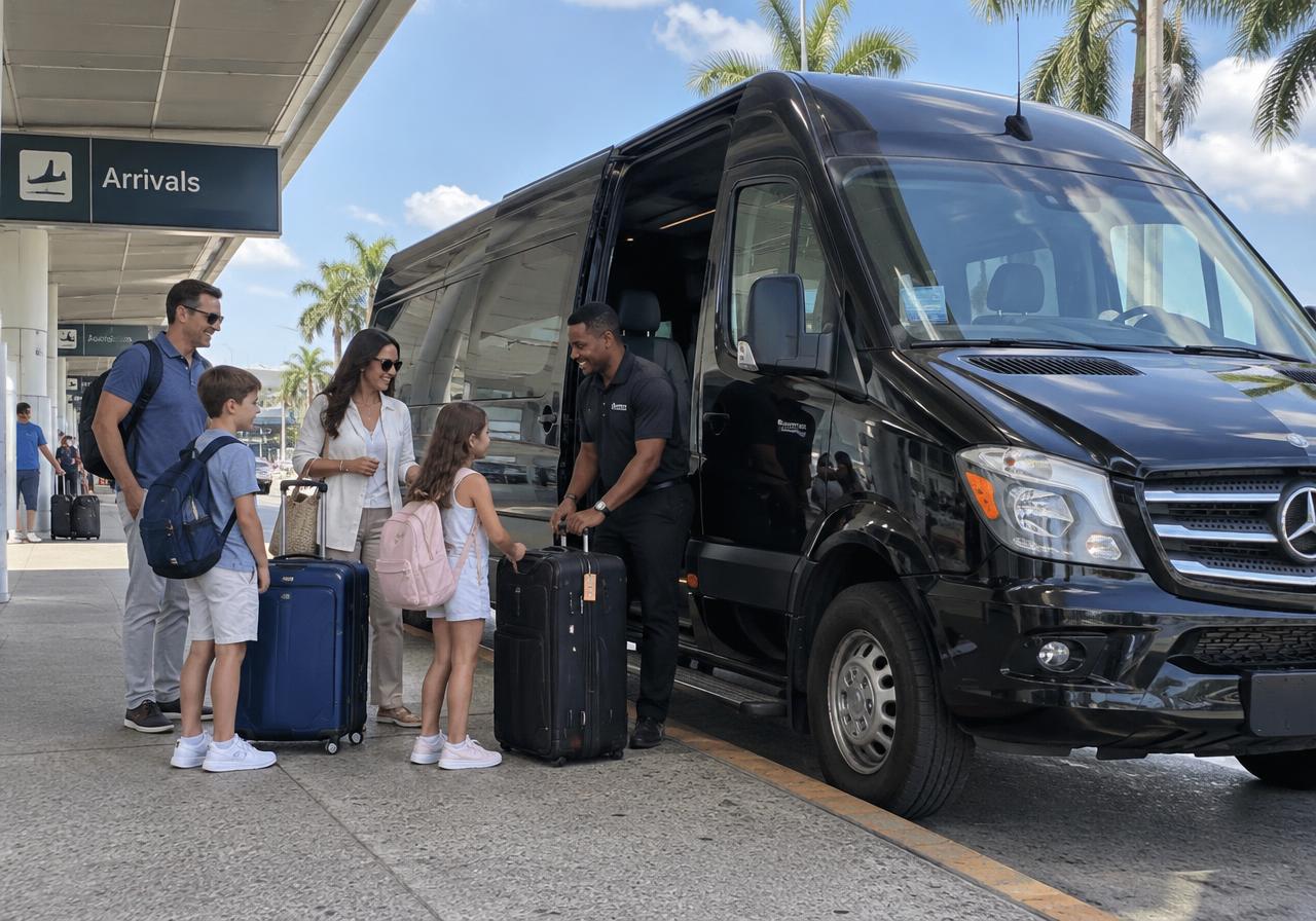 Family loading suitcases into a private van at the airport arrivals curb