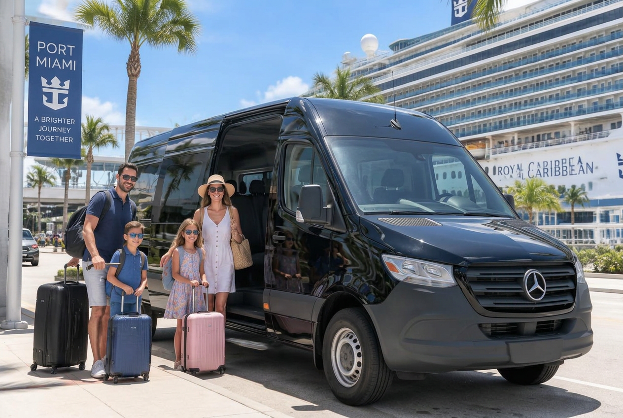 Black Mercedes-Benz Sprinter van at the cruise port with a family and their luggage